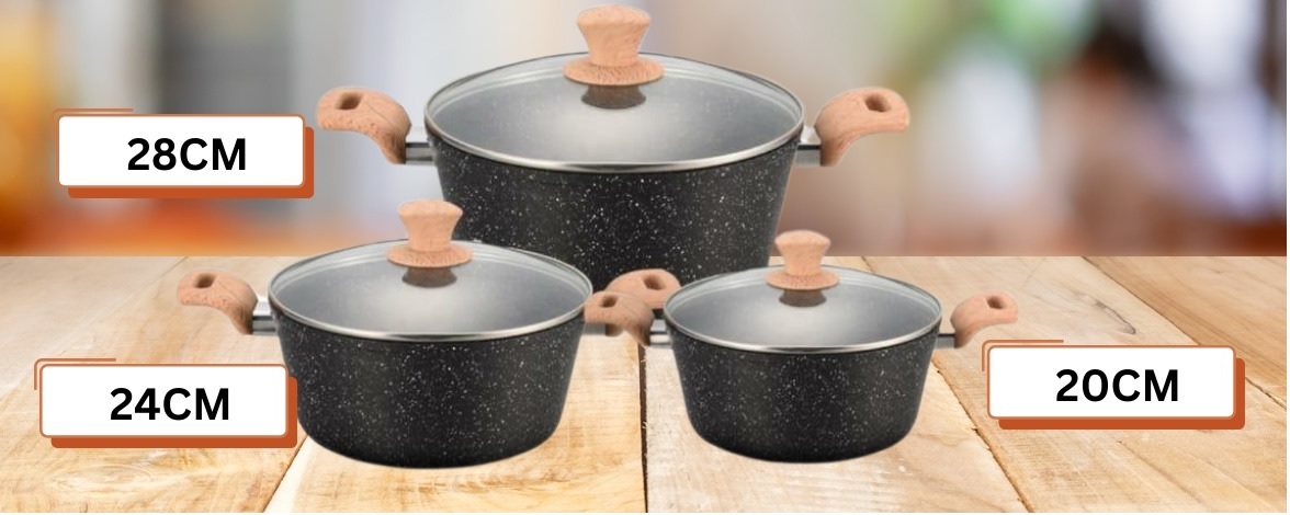 3PCS SET MARBLE METALLIC DIE CAST SET INDUCTION (20-24-28CM) Black